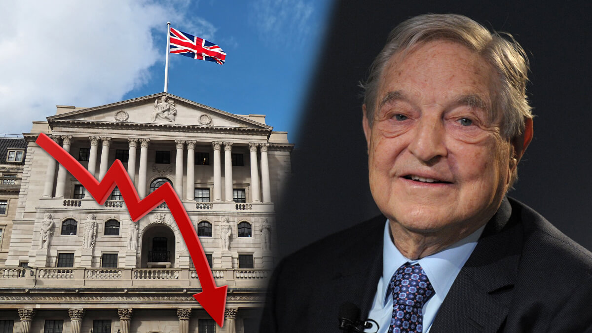 Englannin pankin rakennus punaisella nuolella menossa alas-George Soros sijoittaja